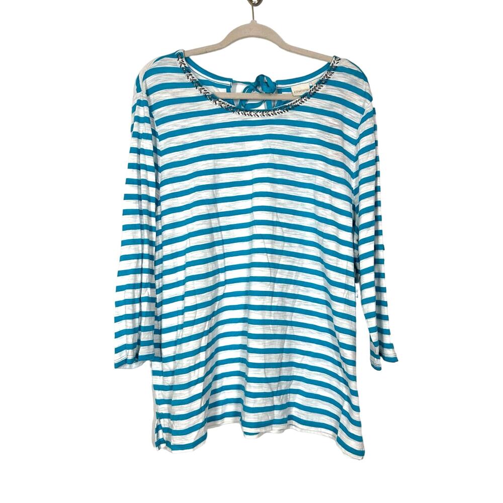 NEW Chicos 4 XXL (20) 3/4 Sleeve Turquoise White Stripe Beaded Boatneck Blouse